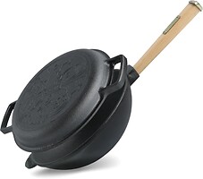 Фото Brizoll Wok 240x80 мм с деревянной ручкой и чугунной крышкой-сковородкой (W24HP-2беж)
