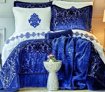 Фото Karaca Home Volante lacivert синий двуспальный Евро с покрывалом + плед (svt-2000022305020)