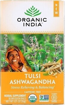 Фото Organic India Чай травяной пакетированный Tulsi Ashwagandha (картонная коробка) 18x2 г