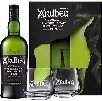 Фото Ardbeg Ten YO 0.7 л в подарочной коробке + 2 бокала