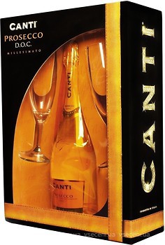 Фото Canti Prosecco Millesimato белое экстра-сухое + 2 бокала 0.75 л в упаковке