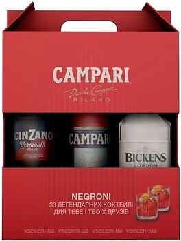 Фото Campari Bitter 25% 1 л + Вермут Cinzano Rosso 1 л + Джин Bickens 1 л в упаковке