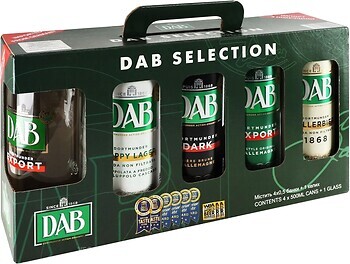 Фото DAB Dortmunder Export, Kellerbier, Dark Beer, Hoppy Lager ж/б 4x0.5 л + бокал в упаковке