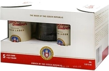 Фото Budweiser Budvar Original Czech Lager 5% ж/б 5x0.5 л + бокал