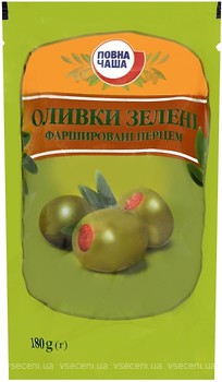 Фото Повна Чаша оливки зеленые фаршированные перцем 180 г