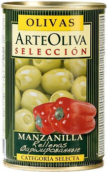 Фото Arte Oliva оливки зеленые фаршированные красным перцем 300 г