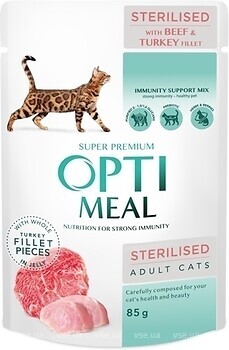 Фото Optimeal For Sterilised Cats With Beef & Turkey in jelly 12x85 г