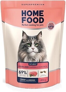 Фото Home Food Сухой корм для взрослых стерилизованных кошек Выведение шерсти Индейка и ягоды 400 г