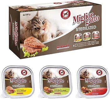 Фото Morando Migliorgatto Sterilized Multipack Chicken & Ham + Chicken & Lamb + Beef 6x100 г