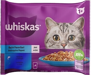 Фото Whiskas Консервированный корм 1+ с тунцом и лососем в желе 4x85 г